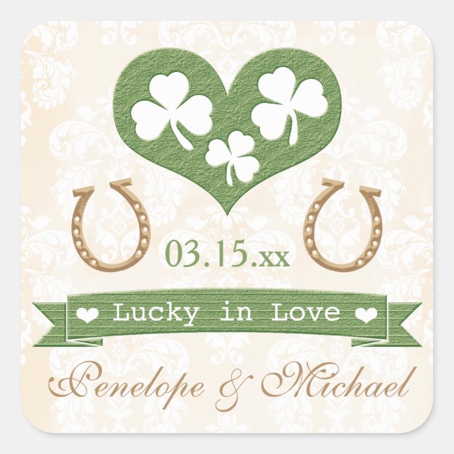 Pegatina Cuadrada Shamrock and Horseshoe Lucky in Love Boda (Anverso)