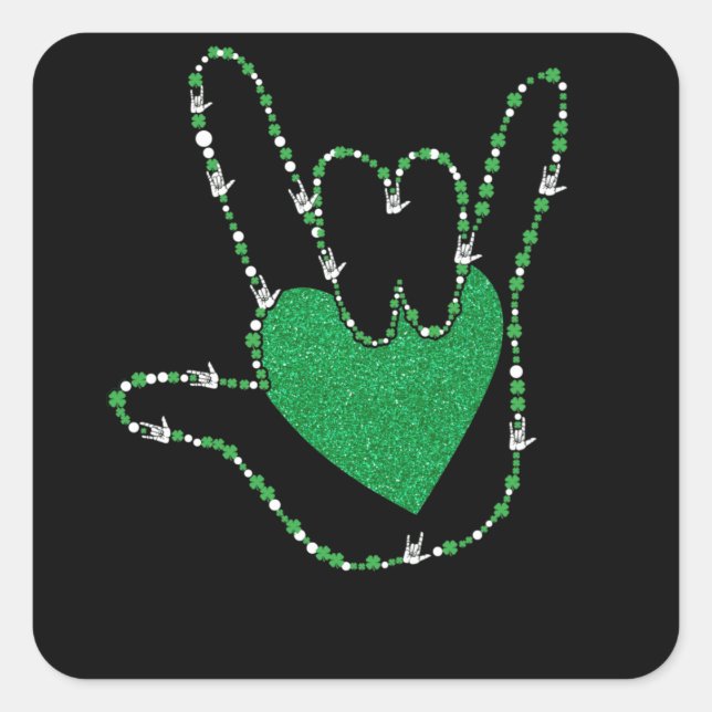 Pegatina Cuadrada Shamrock I Love Hands Rótulo Language ASL (Anverso)