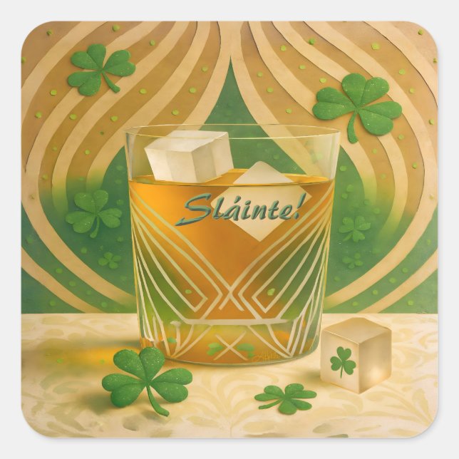 Pegatina Cuadrada Shamrocks Irish Whiskey Tumbler "Sláinte!" (Anverso)