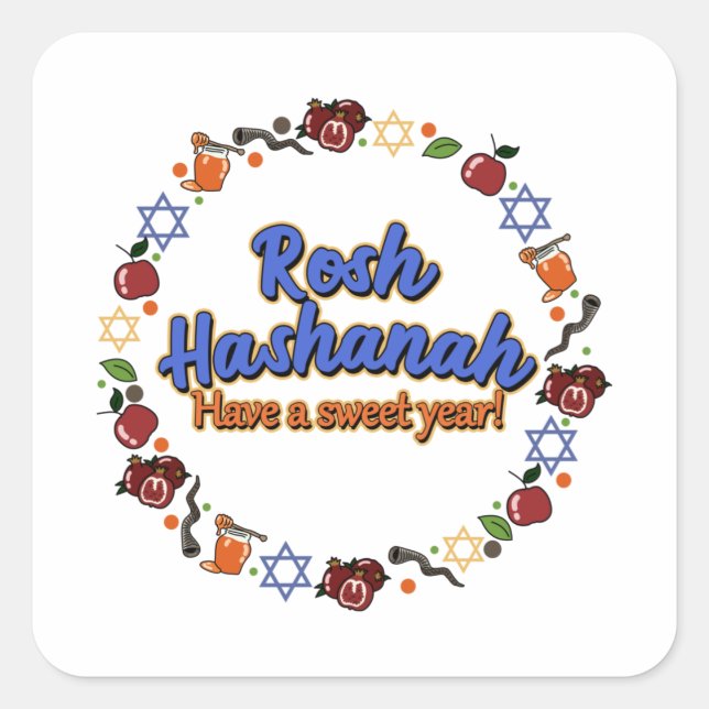 Pegatina Cuadrada Shana Tova Rosh Hashanah Año Nuevo judío (Anverso)