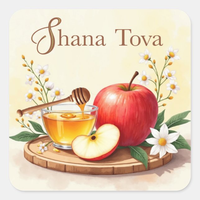 Pegatina Cuadrada Shana Tova Rosh Hashanah Flores de manzana y miel (Anverso)