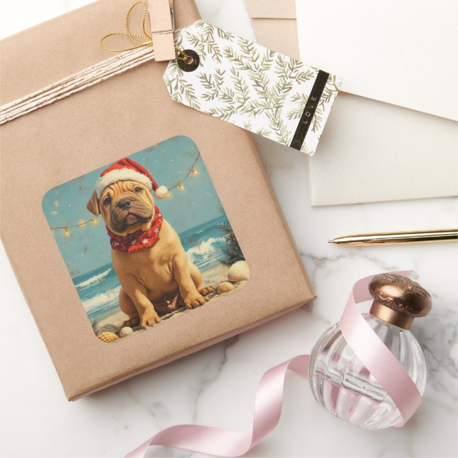 Pegatina Cuadrada Shar Pei Dog Navidades Vintage Beach (Regalar)