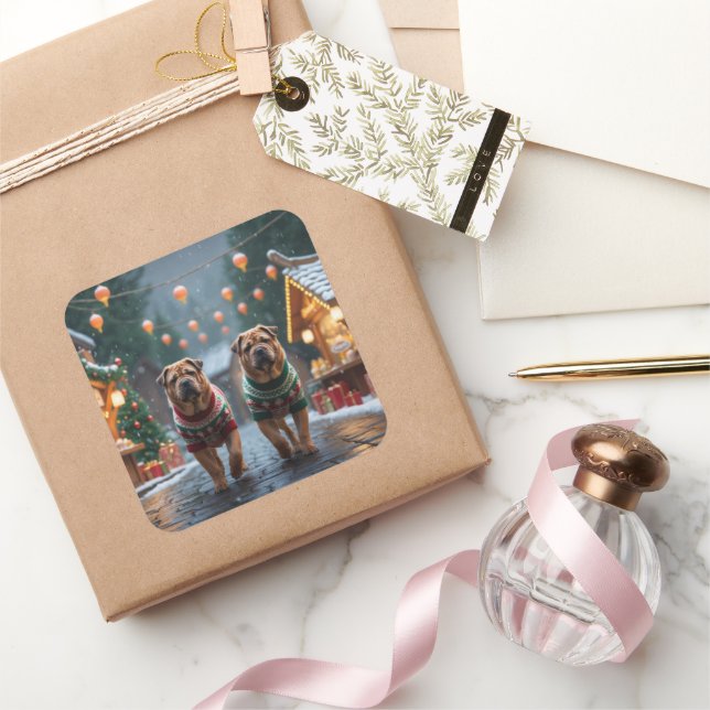 Pegatina Cuadrada Shar Pei  Dogs Christmas Snow Holiday (Regalar)