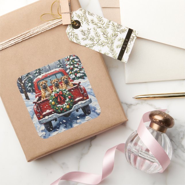 Pegatina Cuadrada Shar Pei Navidad Camión Rojo Fiesta (Regalar)