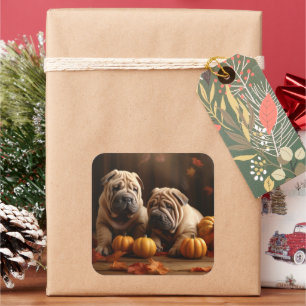 Pegatina Cuadrada Shar Pei Puppy Calabaza deslumbrante de otoño