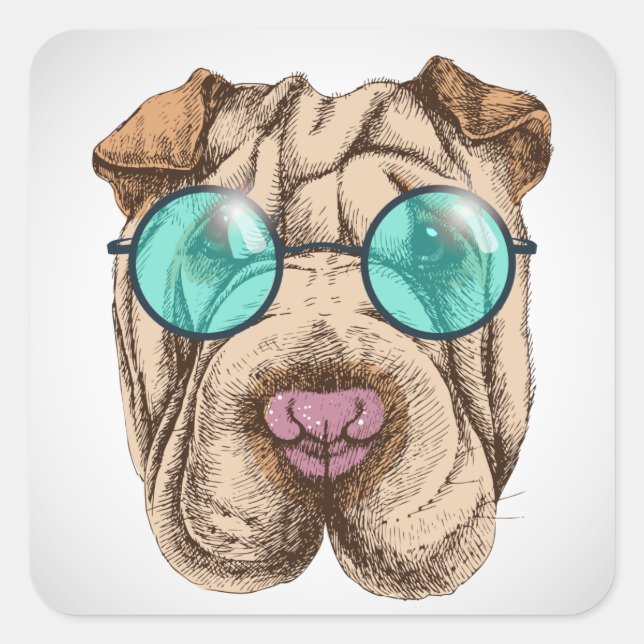 Pegatina Cuadrada Sharpei En Gafas De Sol (Anverso)
