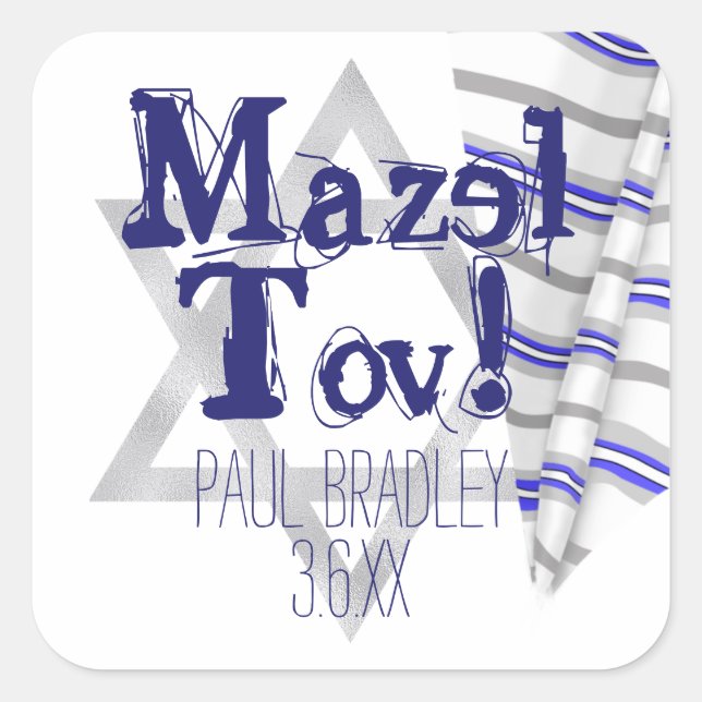 Pegatina Cuadrada Shawl Mazel Tov Bar Mitzvah (Anverso)