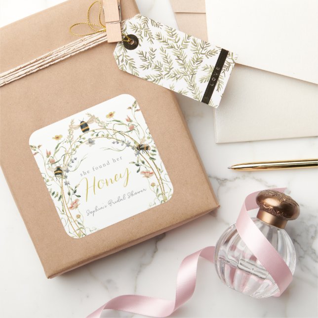 Pegatina Cuadrada She found her Honey Wildflower Bridal Shower (Regalar)