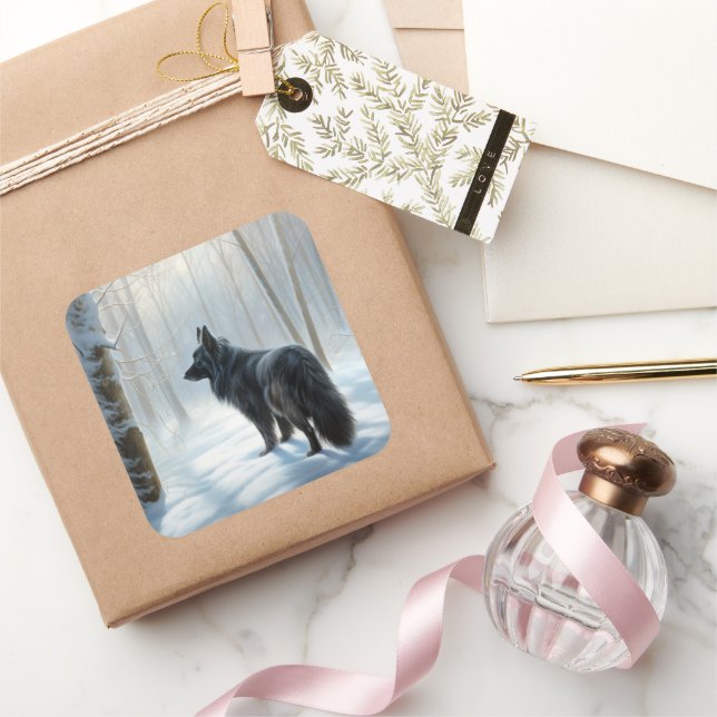 Pegatina Cuadrada Sheepdog belga deja que nieva a Navidades (Regalar)