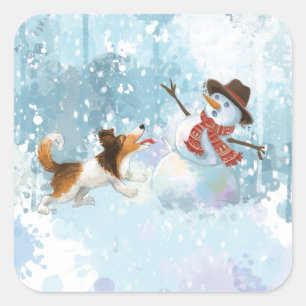 Pegatina Cuadrada Sheldon el Sheltie y el Muñeco de Nieve