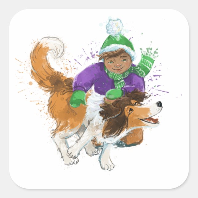 Pegatina Cuadrada Sheldon el Sheltie y su chico (Anverso)