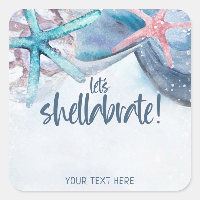 Pegatina Cuadrada Shellabración | Estrella de mar de playa con conch (Anverso)