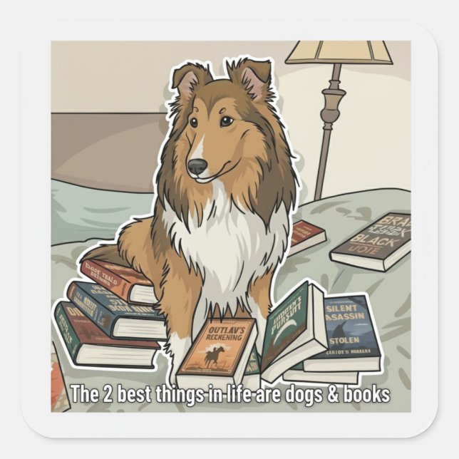 Pegatina Cuadrada Sheltie & books (Anverso)