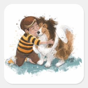 Pegatina Cuadrada Sheltie y Boy Dog Hug