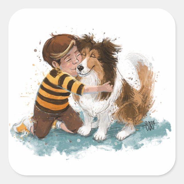 Pegatina Cuadrada Sheltie y Boy Dog Hug (Anverso)