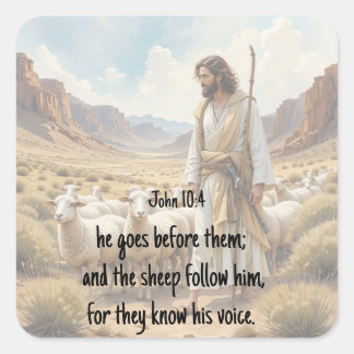 Pegatina Cuadrada Shepherd goes before them Bible Scripture