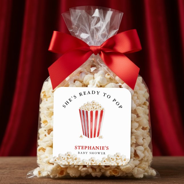 Pegatina Cuadrada She's Ready To Pop Baby Shower Popcorn (She's Ready To Pop Baby Shower Popcorn Square Sticker
)