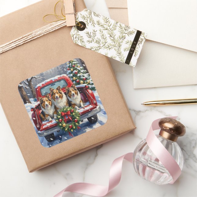 Pegatina Cuadrada Shetland Sheepdog Christmas Red Truck Holiday (Regalar)