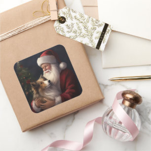 Pegatina Cuadrada Shetland Sheepdog Santa Claus Navidades festivos