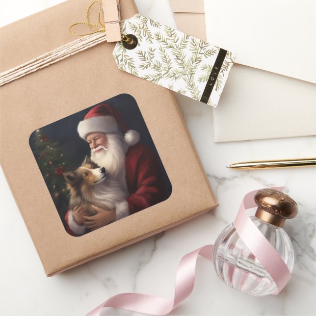 Pegatina Cuadrada Shetland Sheepdog Santa Claus Navidades festivos (Regalar)