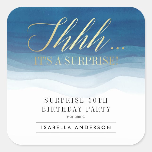 Pegatina Cuadrada Shhh... | Cumpleaños De Sorpresa De Oro Y Acuarela (Anverso)