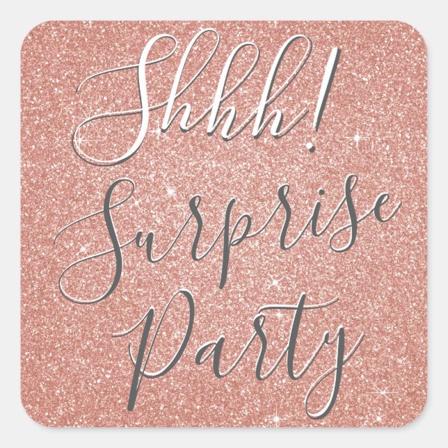 Pegatina Cuadrada ¡Shhh! Surprise Rosa Gold Pink Birday Party (Anverso)