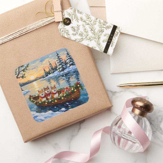 Pegatina Cuadrada Shiba Inu Christmas Boat Holiday (Regalar)