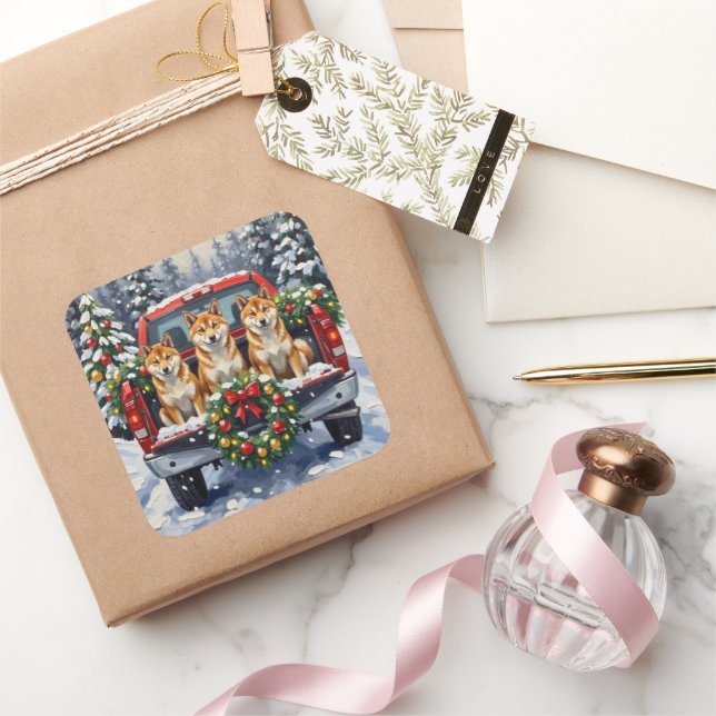 Pegatina Cuadrada Shiba Inu Christmas Red Truck Holiday (Regalar)