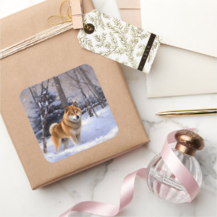Pegatina Cuadrada Shiba Inu Deja que nieve Navidad