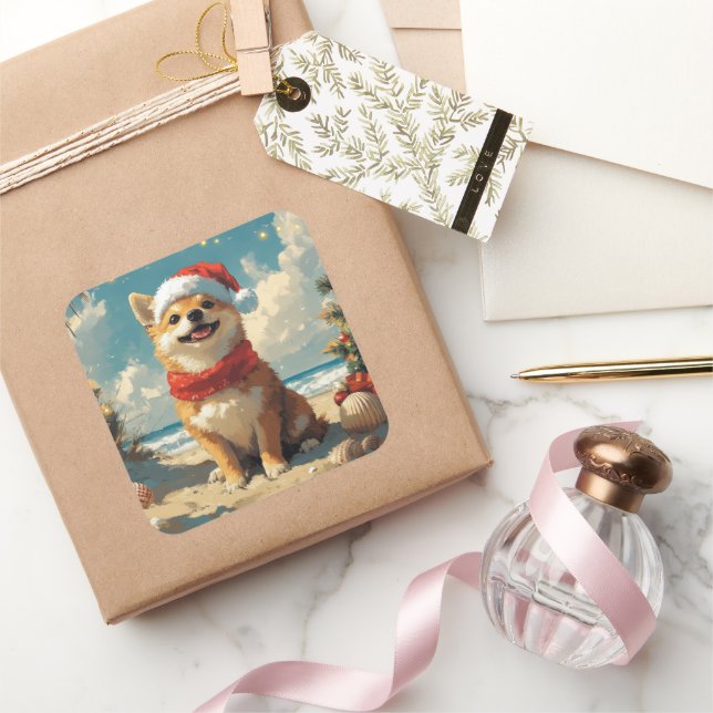 Pegatina Cuadrada Shiba Inu Dog Navidades Vintage Beach (Regalar)