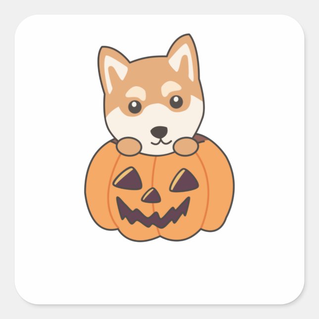Pegatina Cuadrada Shiba Inu En Calabaza Dulces Perros Feliz Hallowee (Anverso)