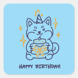 Pegatina Cuadrada Shiba Inu Feliz Cumpleaños Arte Retro de Perro con
