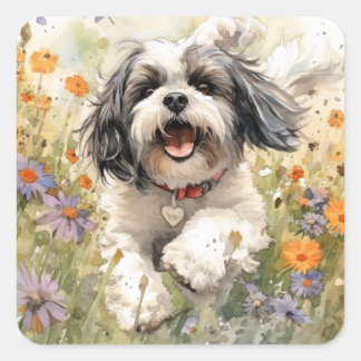 Pegatina Cuadrada Shih Tzu, acuarela floral