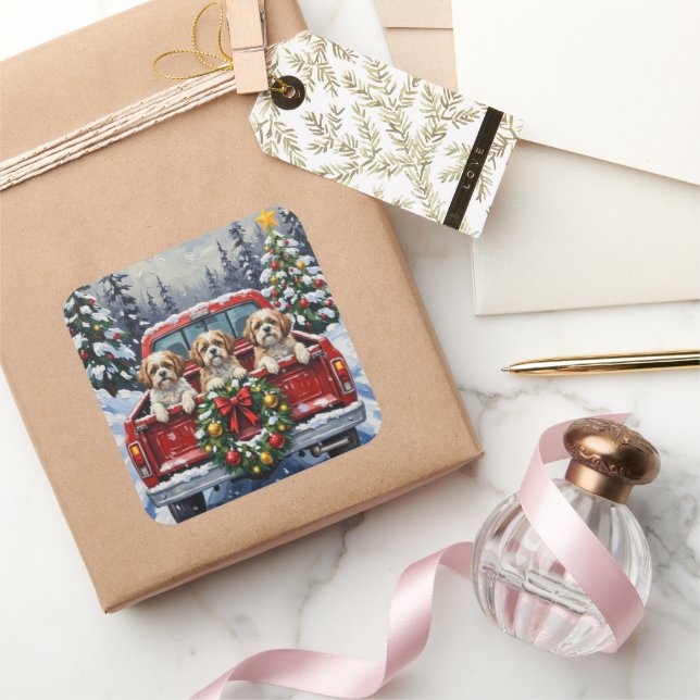 Pegatina Cuadrada Shih Tzu Christmas Red Truck Holiday (Regalar)
