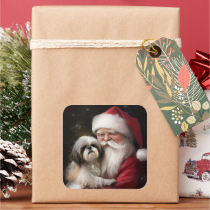 Pegatina Cuadrada Shih Tzu Con Navidades festivos de Santa Claus