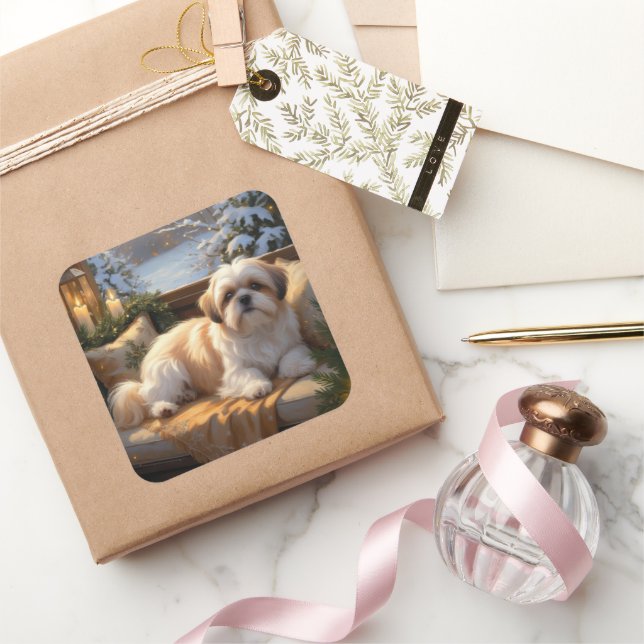 Pegatina Cuadrada Shih Tzu con vacaciones de Navidades alumbrados (Regalar)