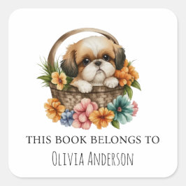 Pegatina Cuadrada Shih Tzu Cuppy en una cesta de flores este libro p