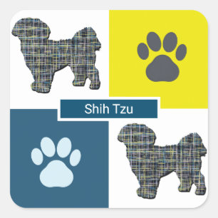 Pegatina Cuadrada Shih Tzu Dog Silhouette & Paw Print Y&B Grid