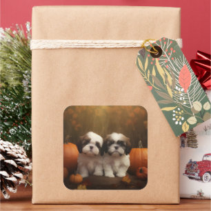Pegatina Cuadrada Shih Tzu Puppy Calabaza deslumbrante de otoño