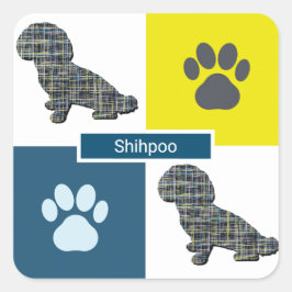 Pegatina Cuadrada Shihpoo Dog Silhouette & Paw Print Y&B Grid