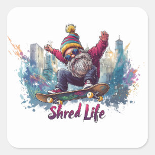 Pegatina Cuadrada Shred Life - Gnome del Skateboarding de Guay