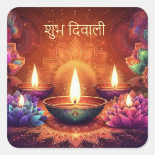 Pegatina Cuadrada Shubh Diwali Lotus Diya Festival de Floral Ligera