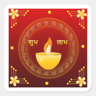 Pegatina Cuadrada Shubh Labh Diwali Diya Dorado Tradicional Rojo