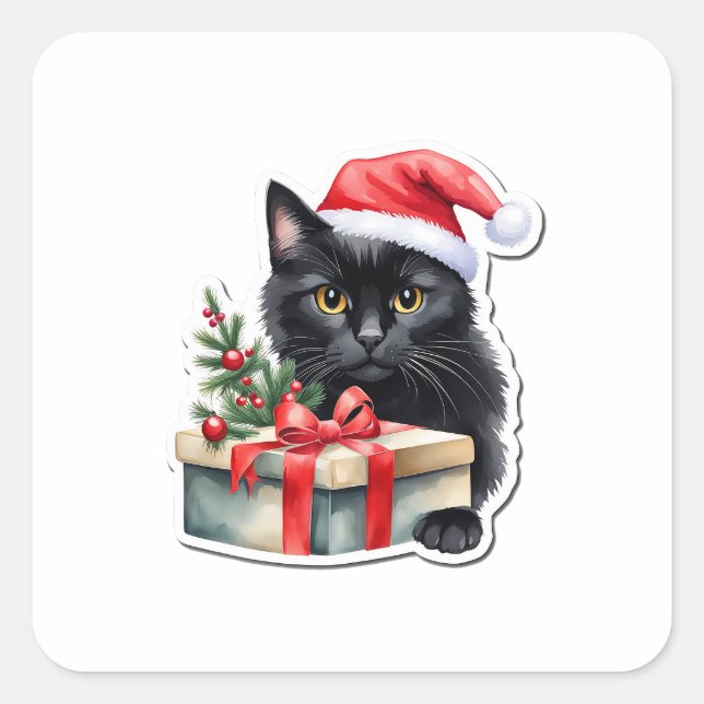 Pegatina Cuadrada Shy Black Santa Kitten con presente (Anverso)