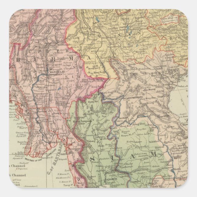 Pegatina Cuadrada Siam, Birmania y Anam (Anverso)