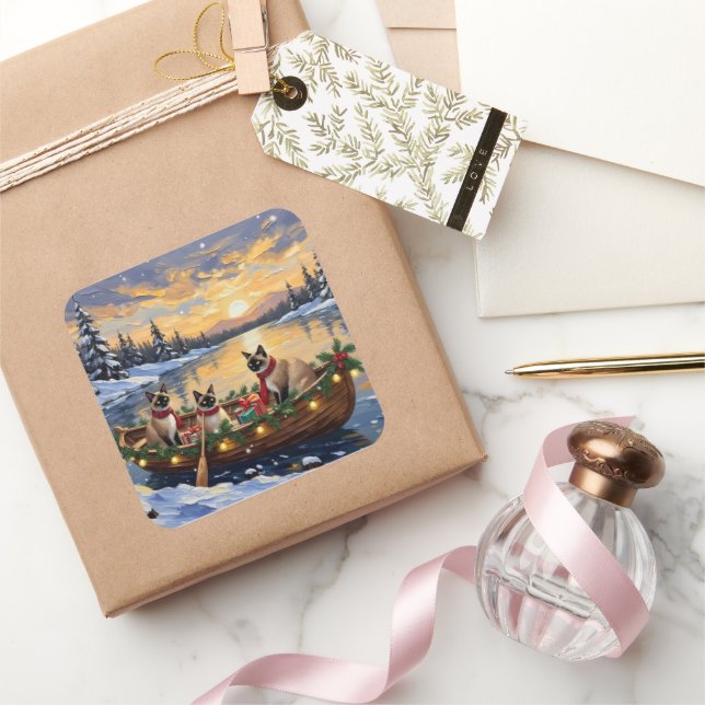 Pegatina Cuadrada Siamese Cat Christmas Boat Holiday (Regalar)