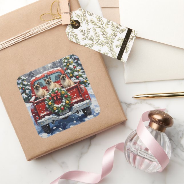 Pegatina Cuadrada Siamese Cat Christmas Red Truck Holiday (Regalar)