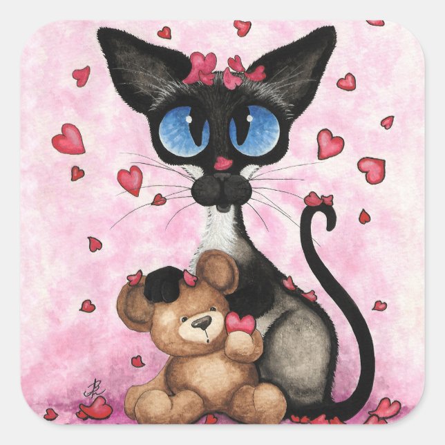 Pegatina Cuadrada Siamese Cat Valentines Day by Bihrle (Anverso)