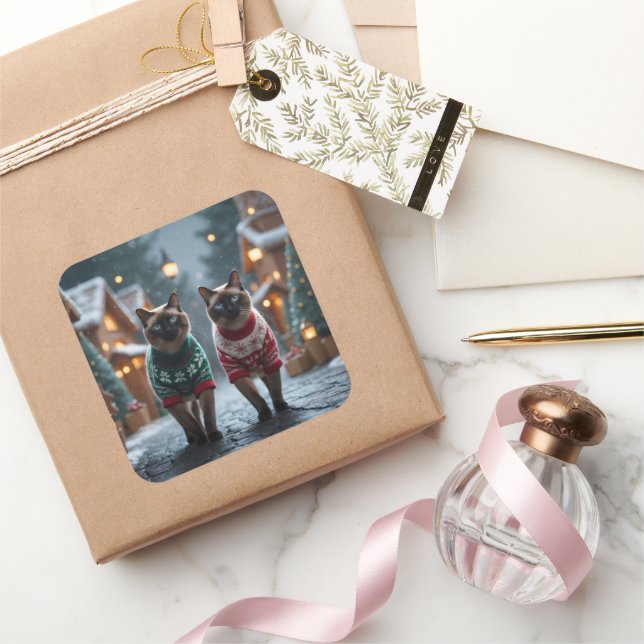 Pegatina Cuadrada Siamese Cats Christmas Snow Holiday (Regalar)