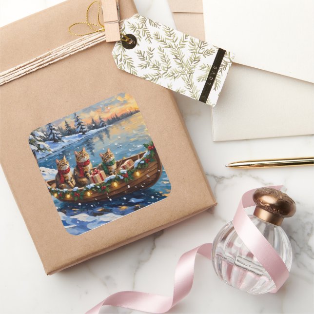 Pegatina Cuadrada Siberian Cat Christmas Boat Holiday (Regalar)